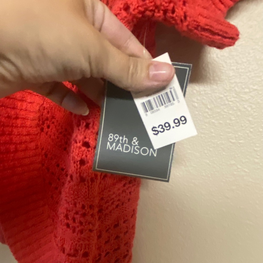 89th & Madison Womens 2X Red Orange Pointelle Crochet Short Sleeve Cardigan NWT - Picture 6 of 8